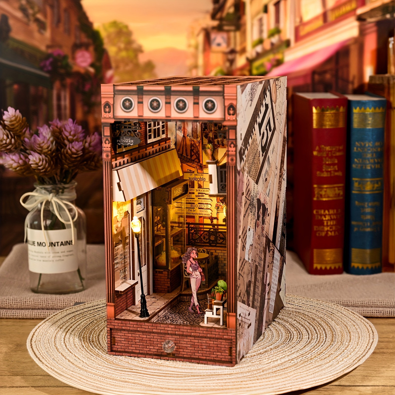 Robotime DIY Book Nook Kit Bookend Stand Bookshelf Insert Bookcase  Miniature House with Sensor Light 3D Wooden Puzzle Model Building,Sunshine  Town 