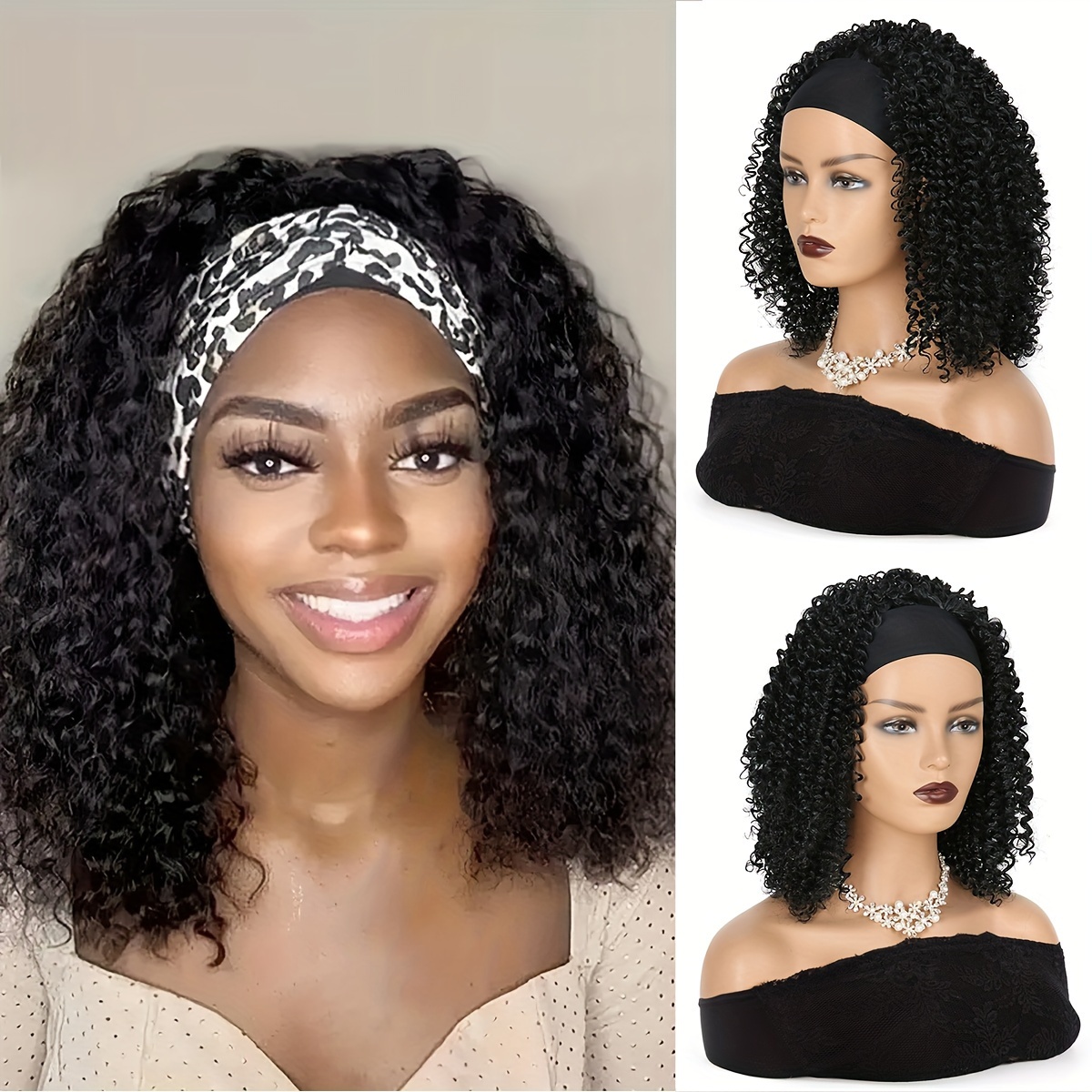 Perruque Naturelle Noir Femme Afro Bouclé Avec Bandeau Wig Court