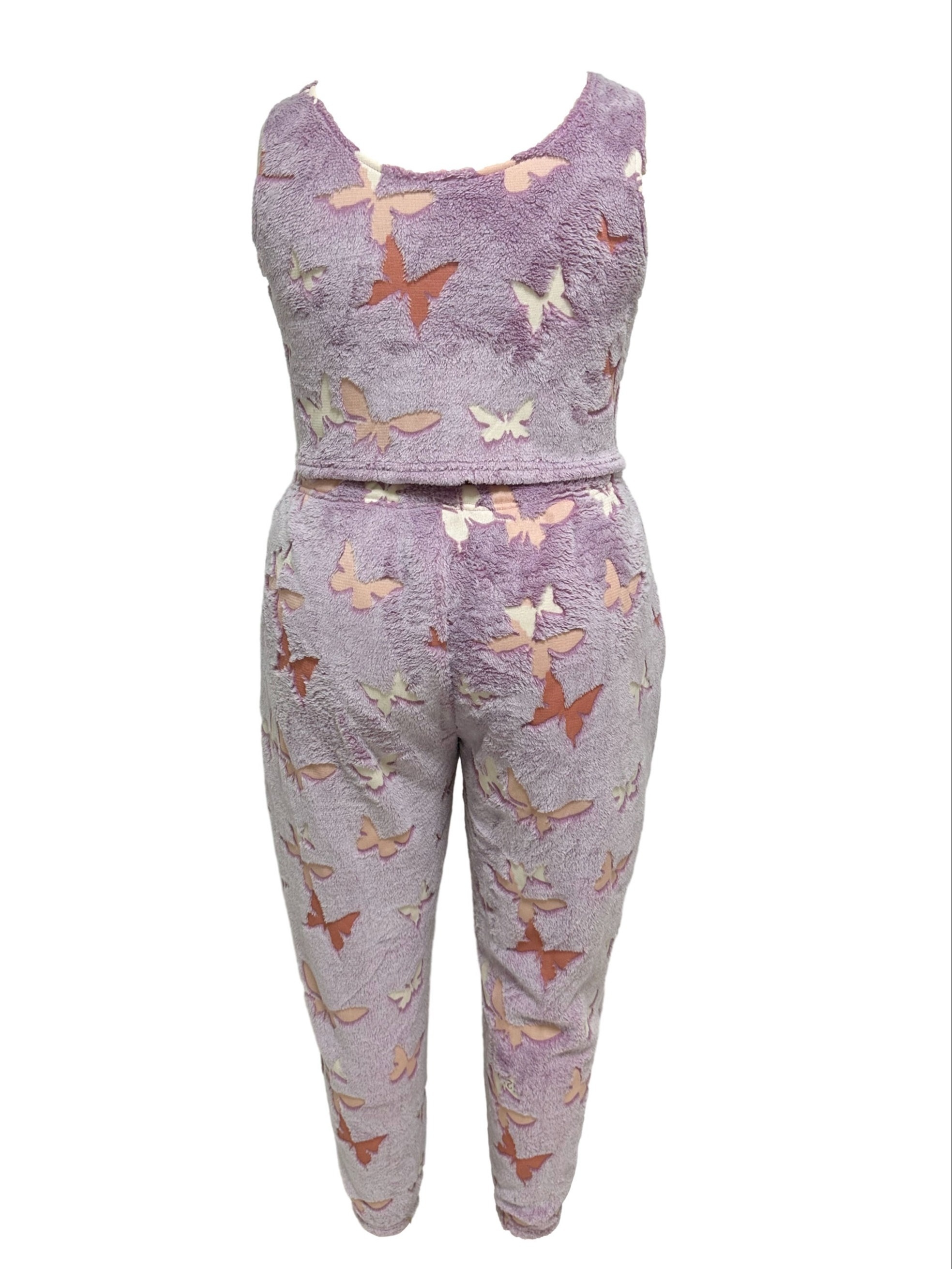 Women's Plus Butterfly Flannel Tank Top & Pants Pajama Set