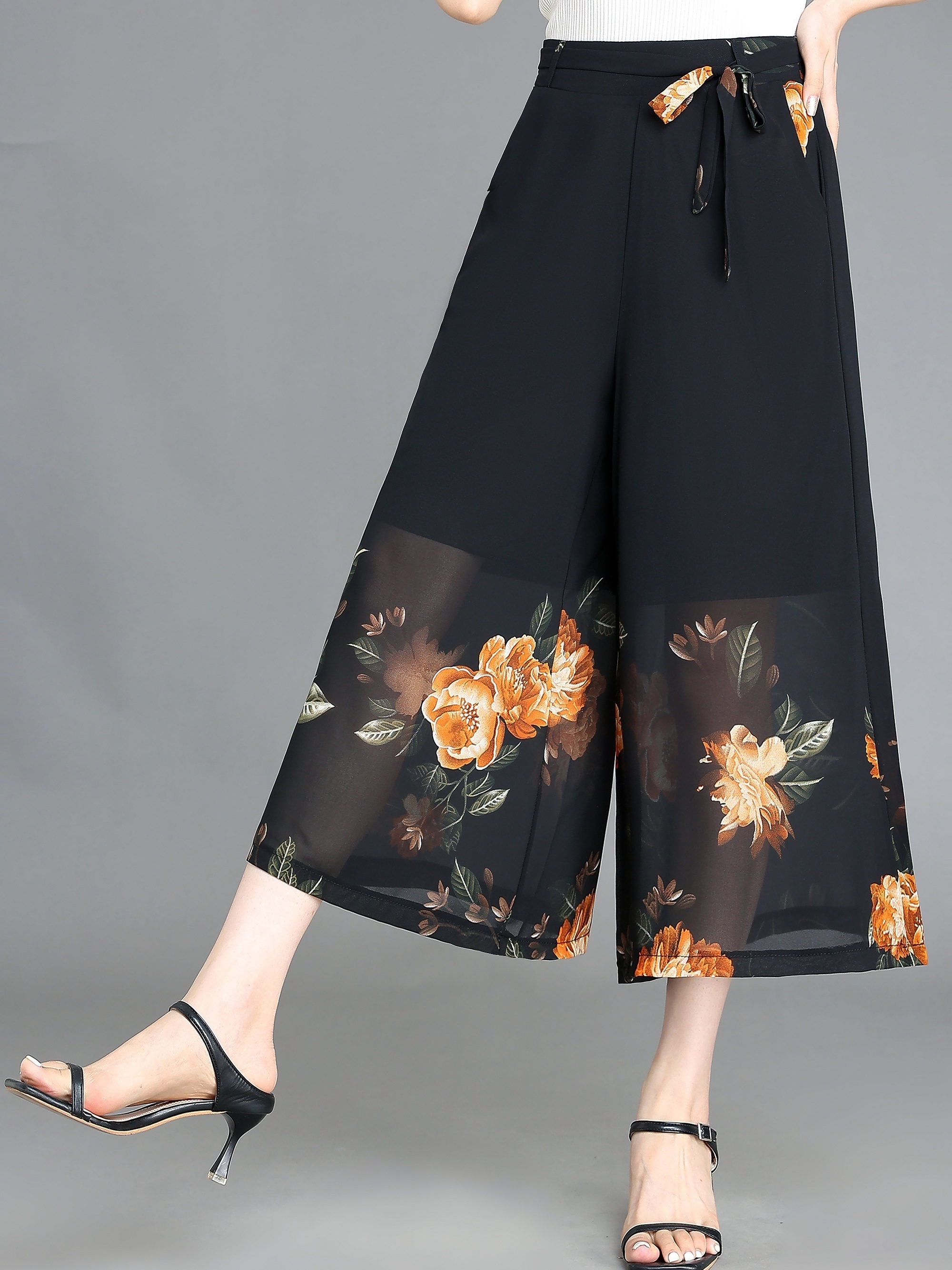Floral Pattern Chiffon Cropped Wide Leg Pants, Casual Belted Pants For  Spring & Summer, Women's Clothing