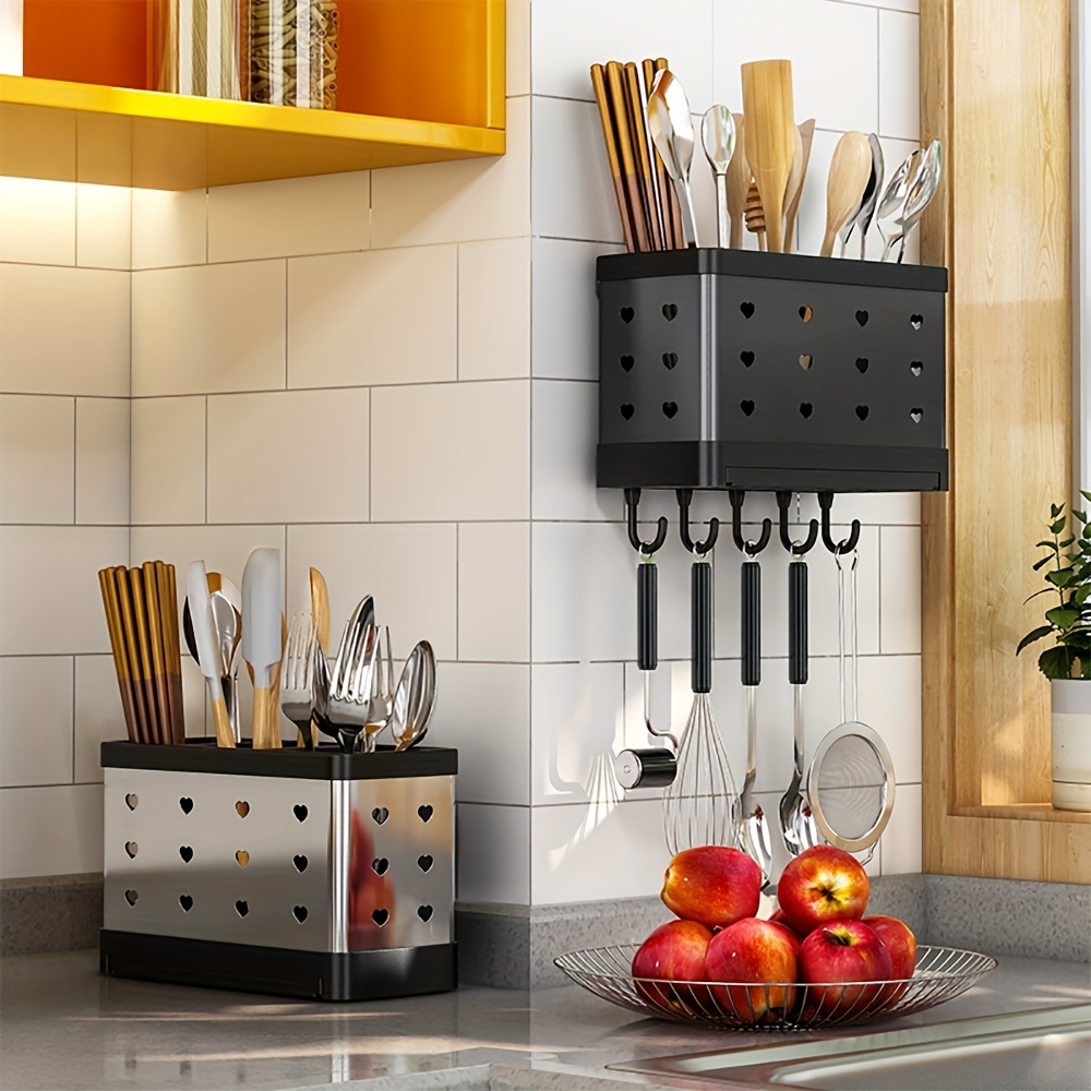 Soporte para cubiertos de cocina, organizador de almacenamiento de  utensilios de cocina de acero inoxidable, antideslizante, diseño de drenaje  de