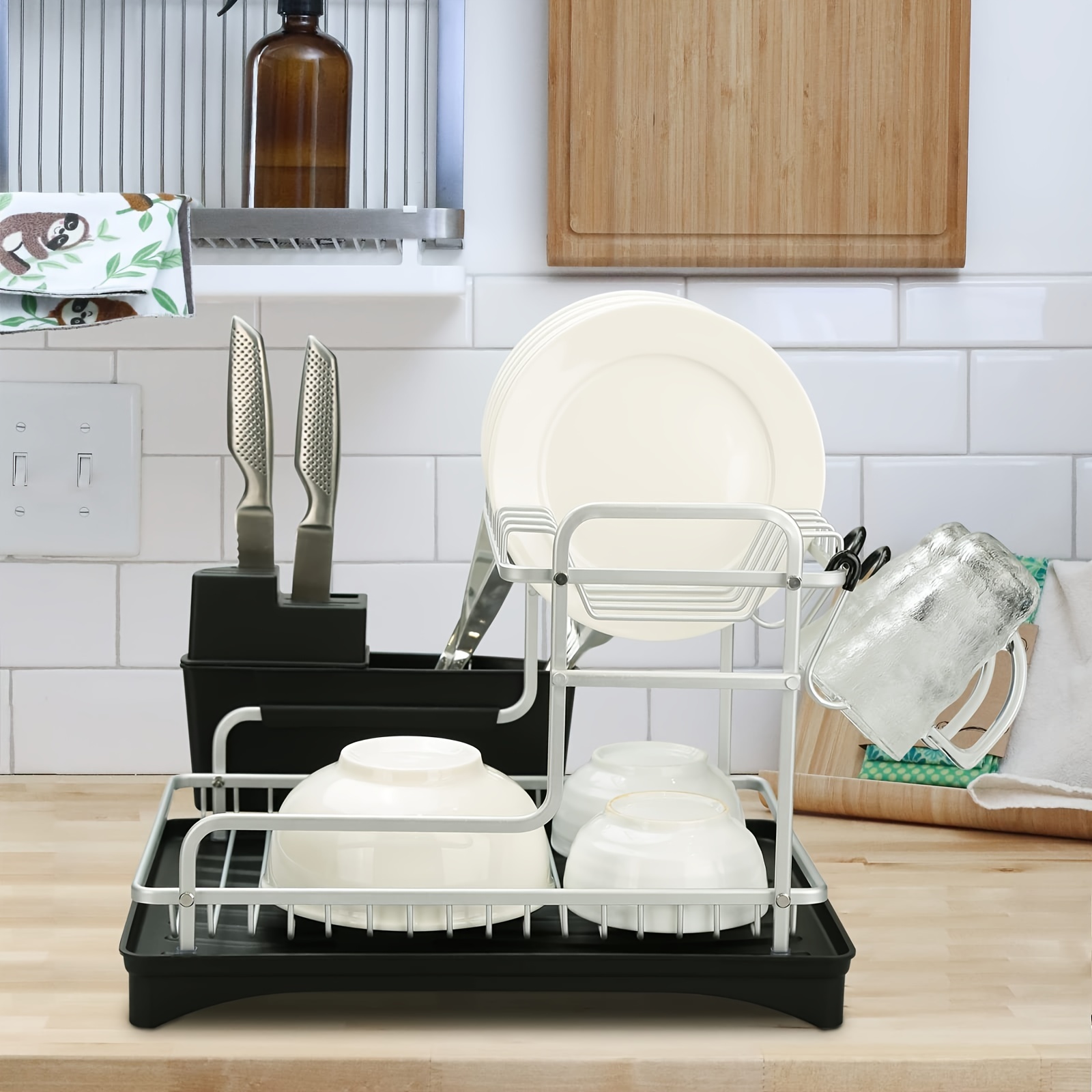 2-tier Dish Drying Rack, Dish Rack And Drainboard Set With Swivel Spout,  With Cup Holder, Premium Aluminum, For Small Kitchen Countertop, Black Tray  + Silvery Frame - Temu