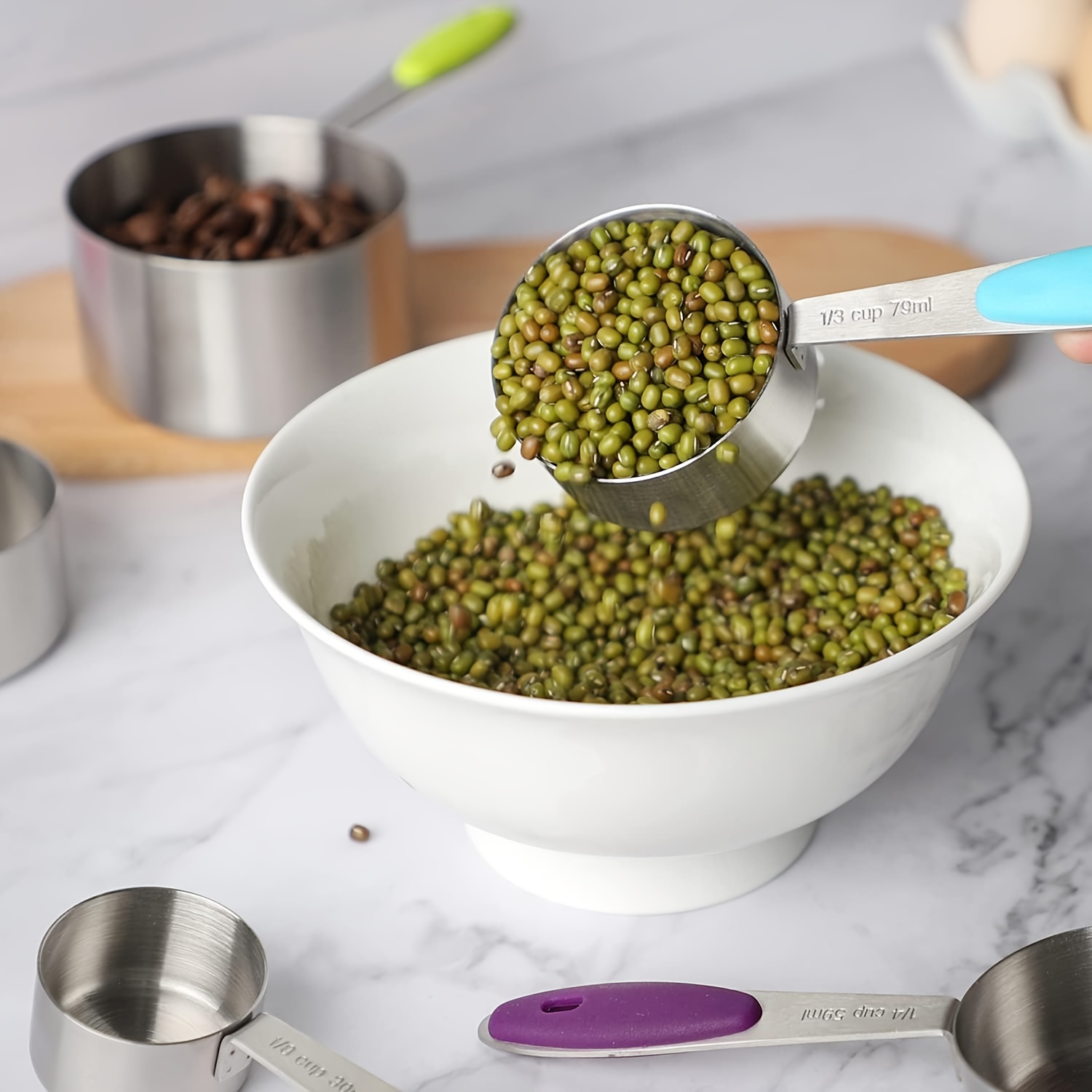 Byzesty set van 13 stuks roestvrijstalen maatbekers en maatlepels, roestvrijstalen maatbekers en lepels, scoop met clip, 5 maatbekers en 7 lepels, maatbekers en lepels met meetliniaal, voor koken en