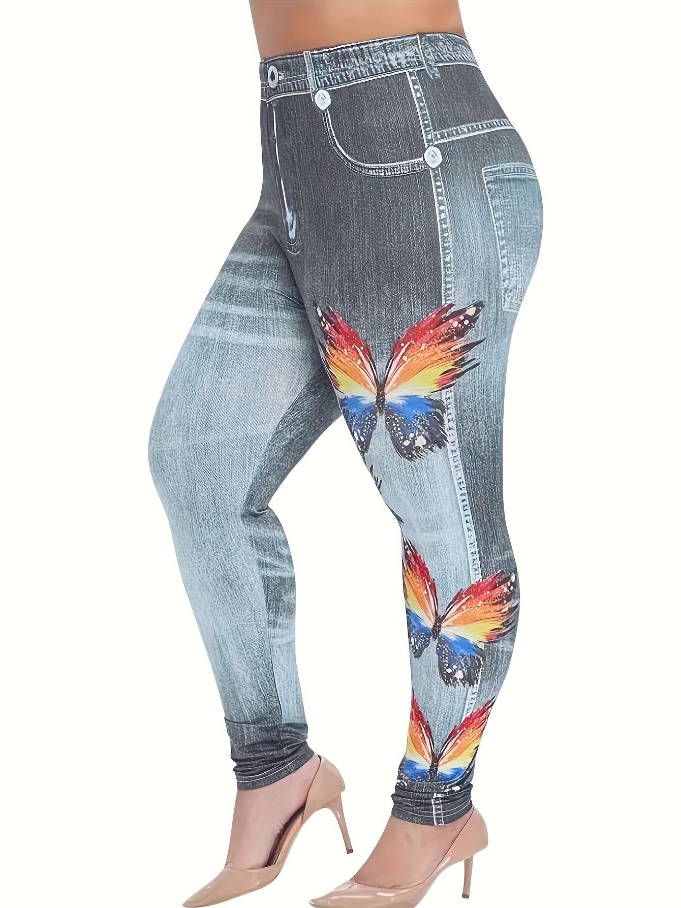 Plus Size Casual Pants Women's Plus Denim Butterfly Print - Temu