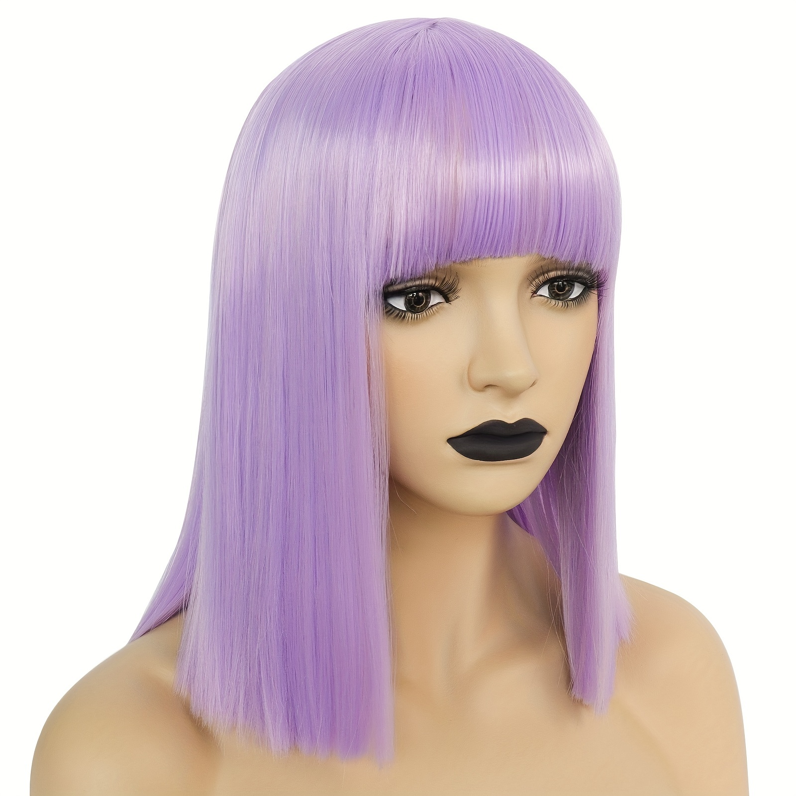 Shoulder Length Straight Bob Wigs with Bangs + Wig Cap