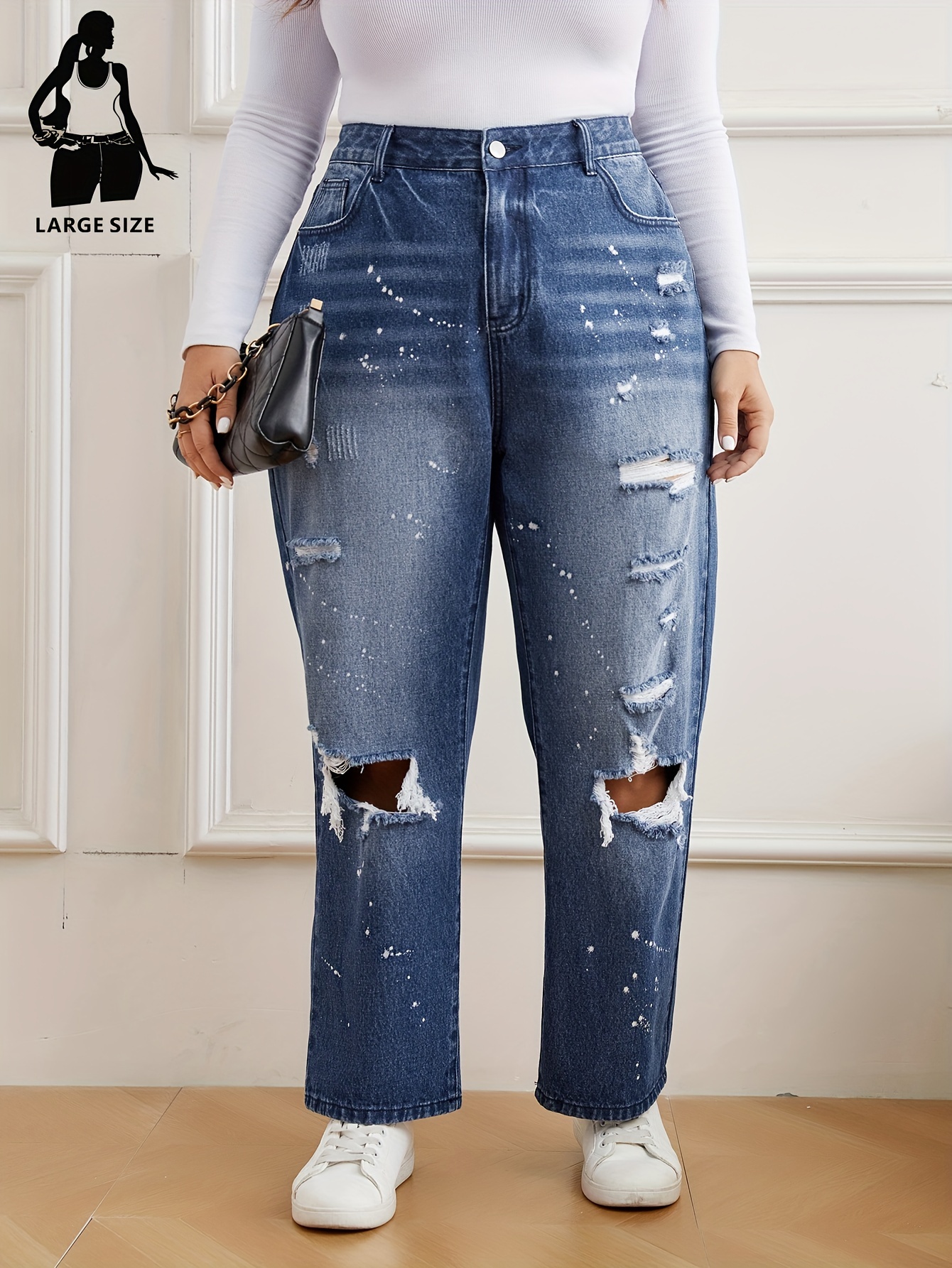 Plus Size Casual Jeans, Women's Plus Solid Ripped Button Fly High * Wide  Leg Jeans