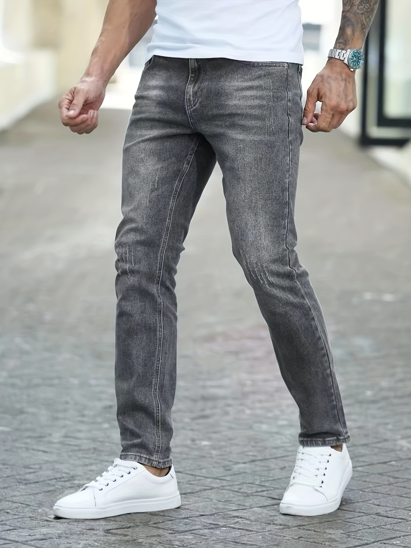Contrast Stitching Slim Fit Jeans Men's Casual Street Style - Temu Canada