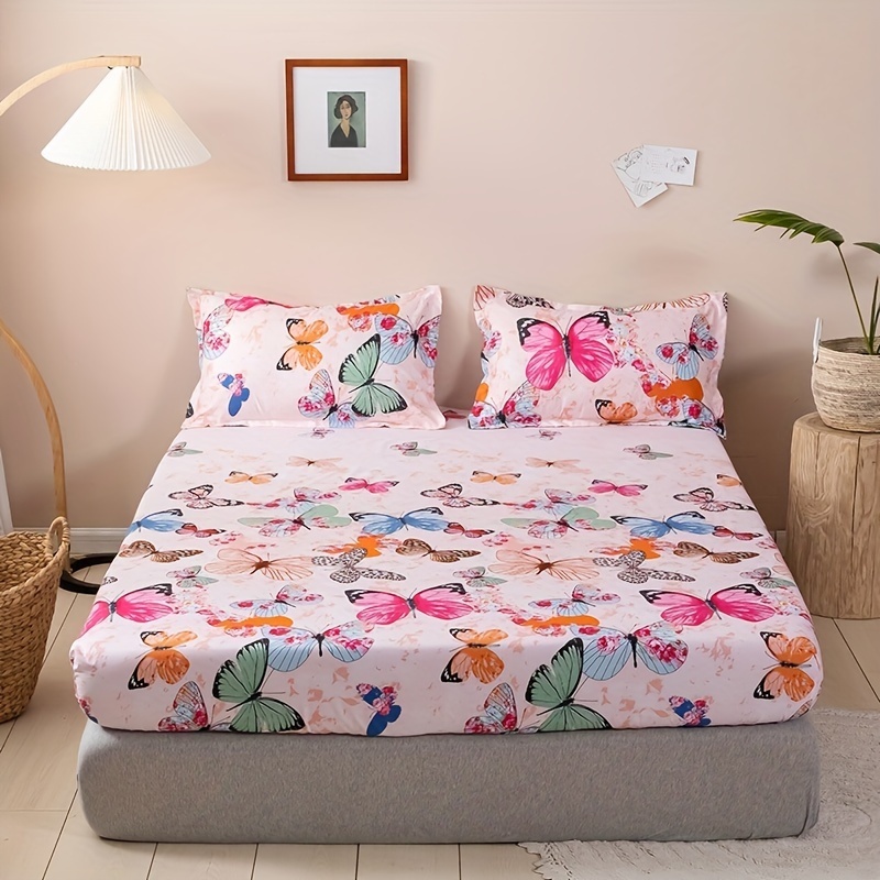 

3pcs Fitted Sheet Set, Dustproof Non-slip Fitted Sheet, Cartoon Butterfly Print Bedding Set For Bedroom Guest Room Hotel (1pc*fitted Sheet + 2pcs*pillowcase, Without Core)