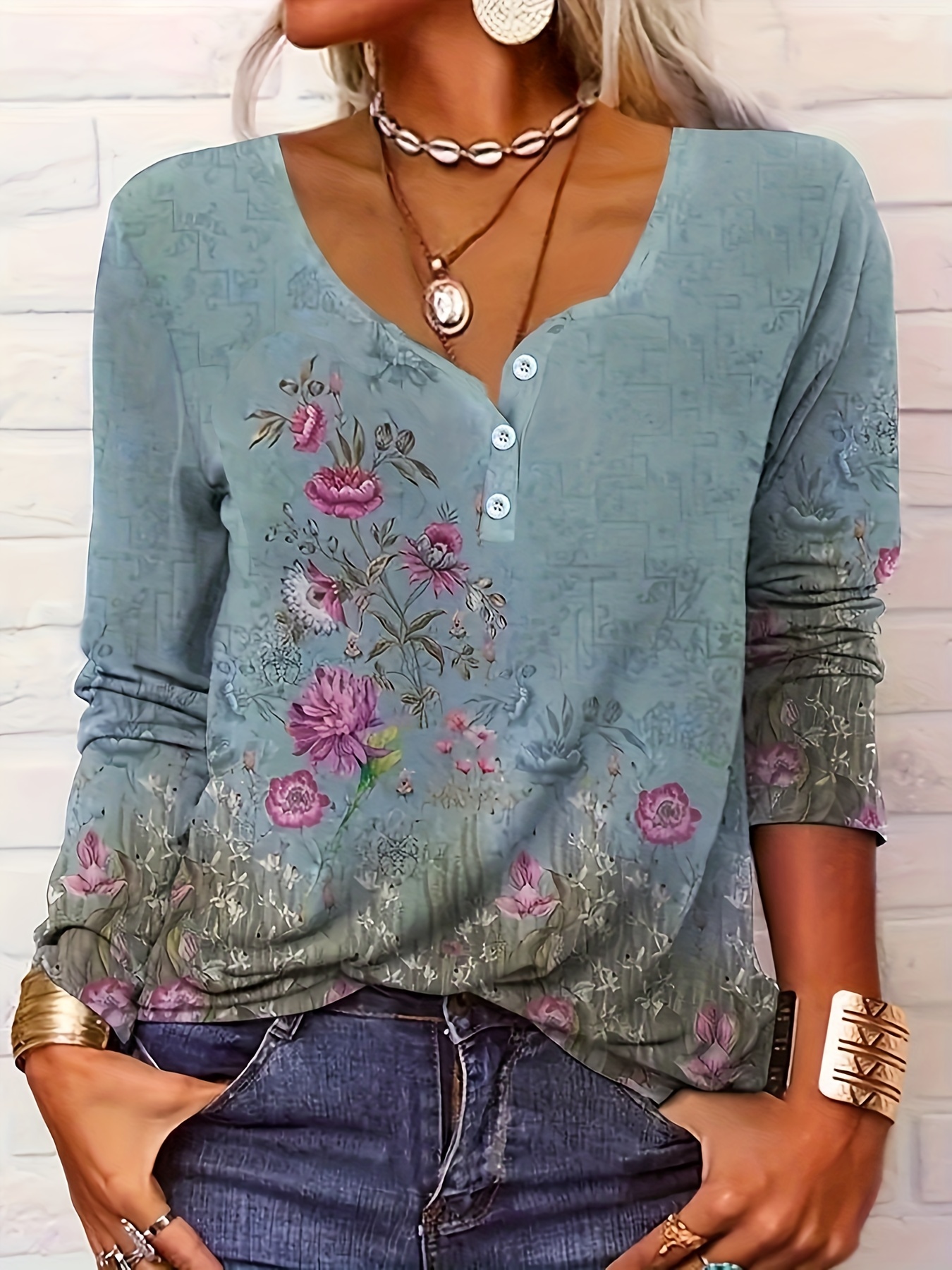 Plus Size Casual Top Women's Plus Floral Print Long Sleeve - Temu