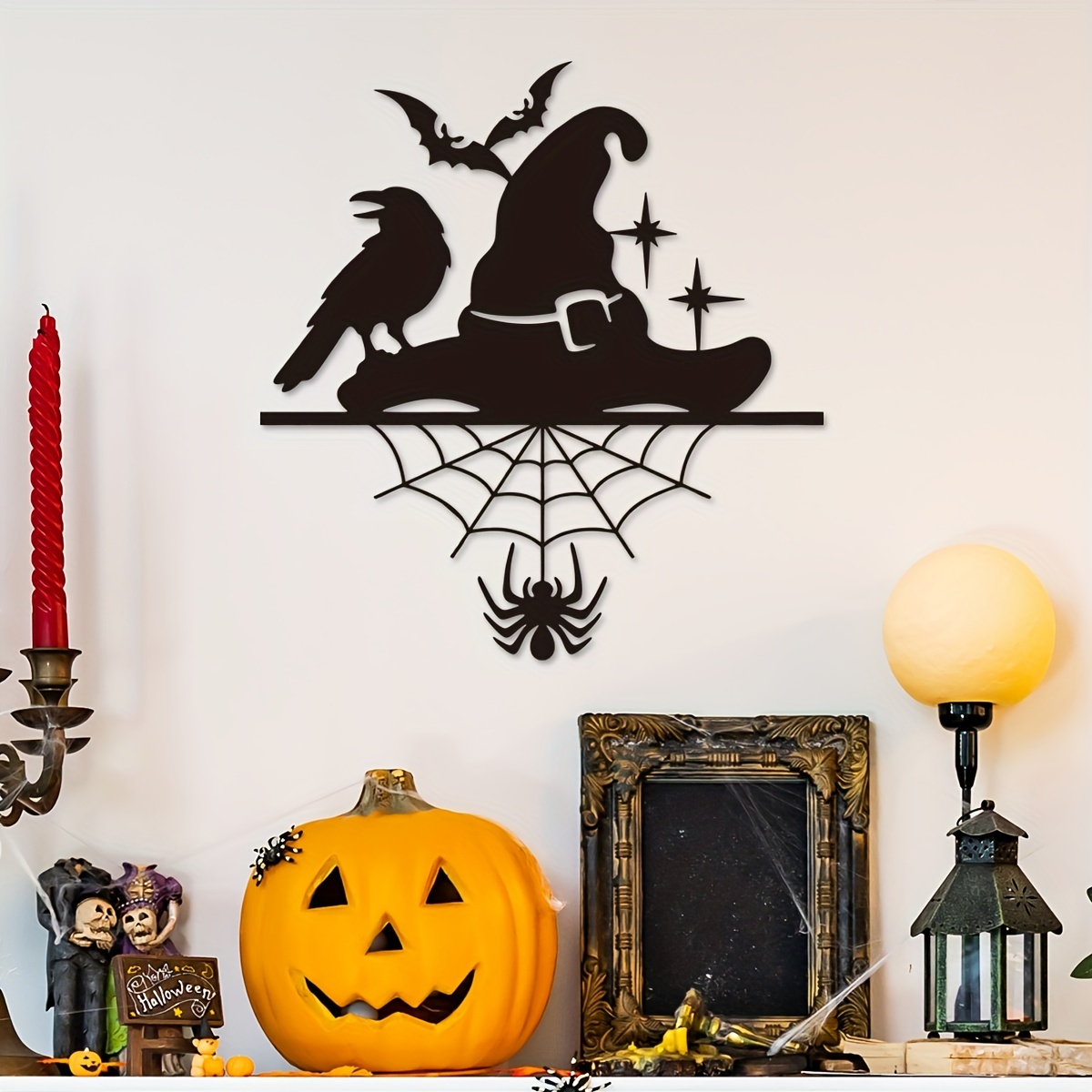 Halloween Witch Hat Metal Wall Decor Spider Web Bat - Temu