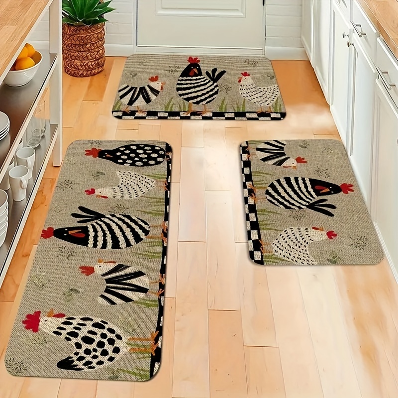 1pc Polyester Kitchen Rug, Modern Hen Pattern Kitchen Mat For