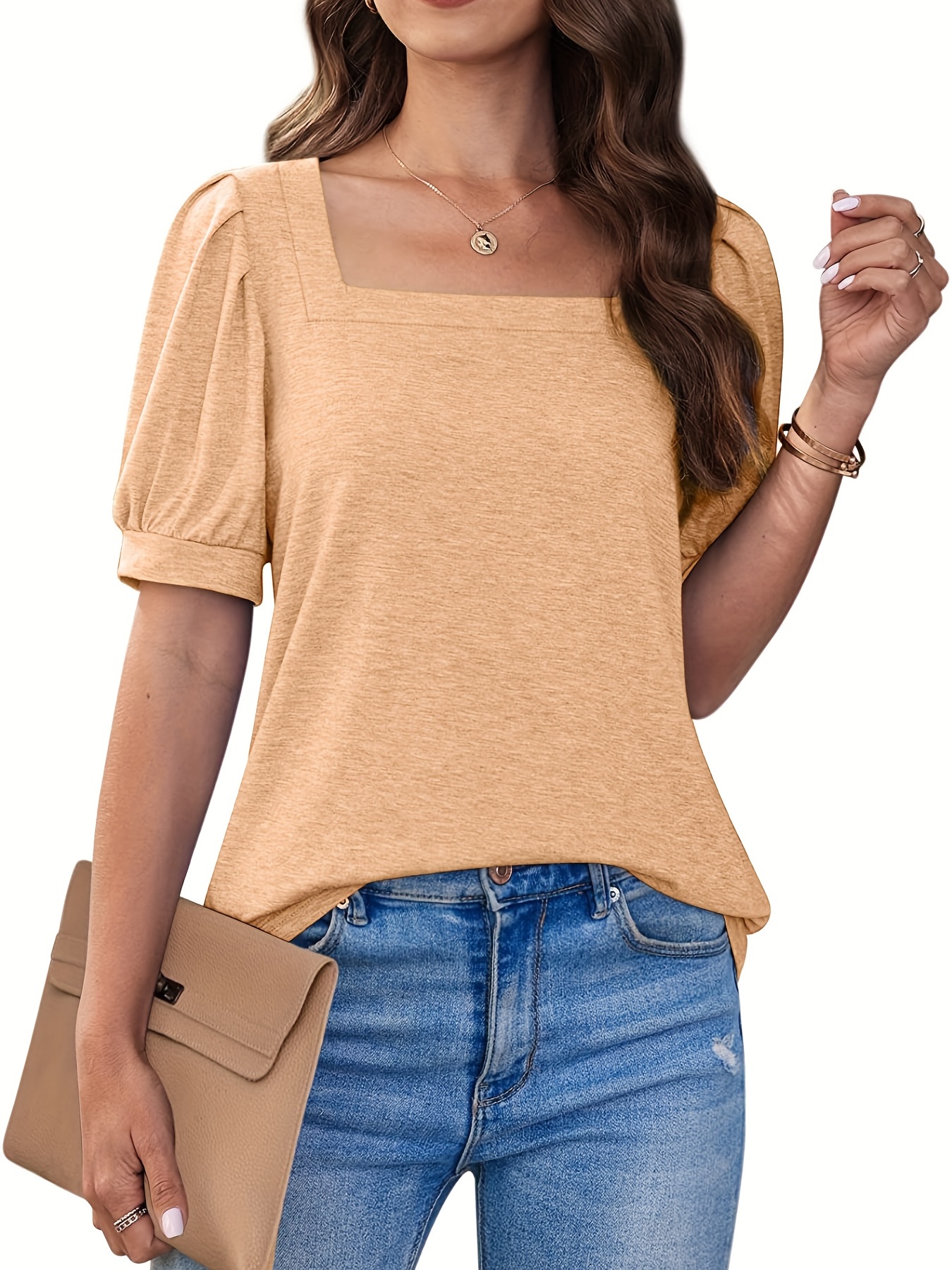 Plus Size Casual T shirt Women's Plus Solid Puff Sleeve - Temu Canada