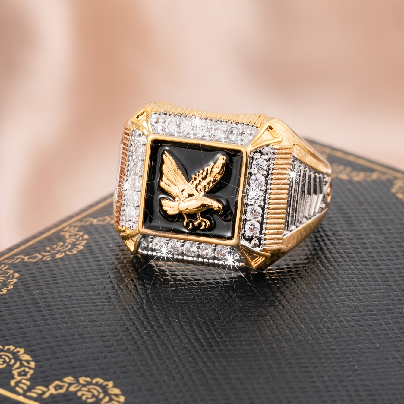 

Luxury Promise Ring 14k Plated Carved Eagle On The Surface Inlaid Shining Zircon Engagement Wedding Band For Men And Women