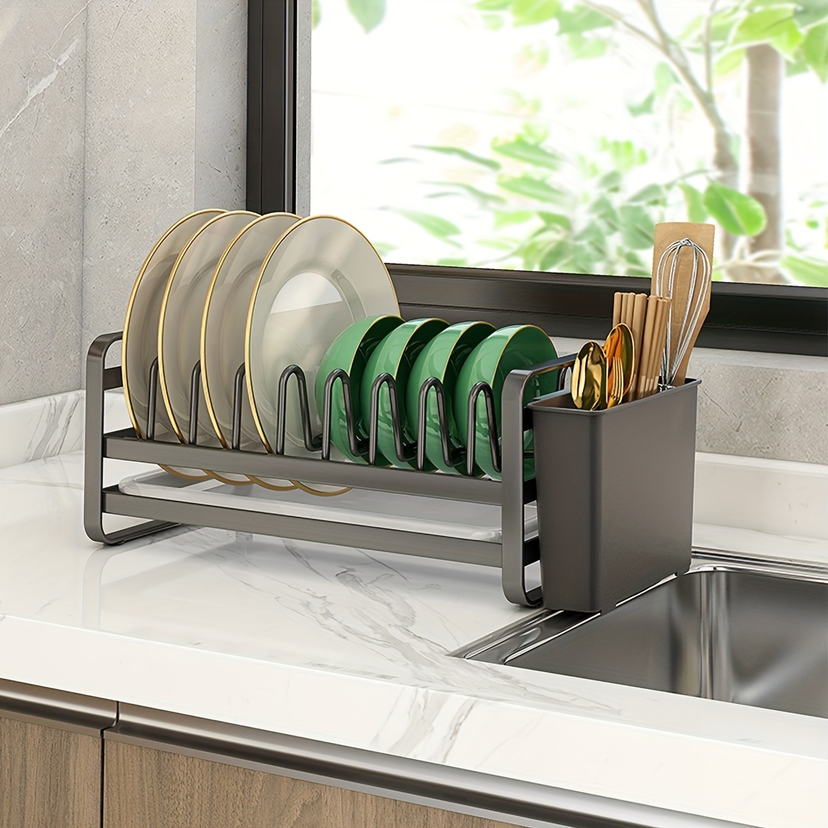 Efficient Dish Rack With Drainboard And Removable Utensil - Temu