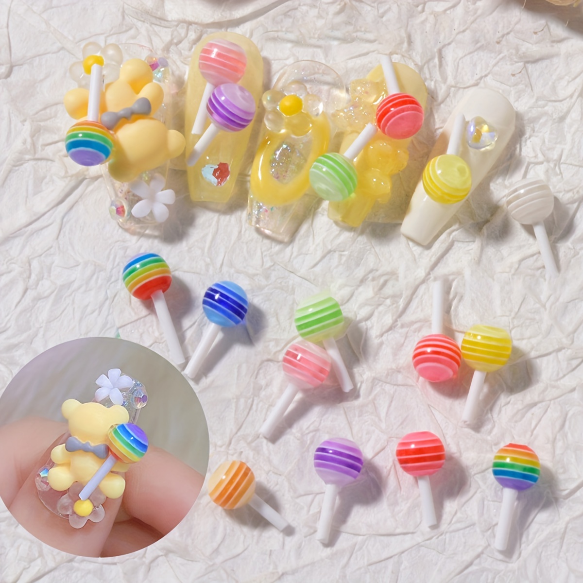 30pcs Resin Nail Charms 3d Cute Bear Lollipop Candy Jewelry For