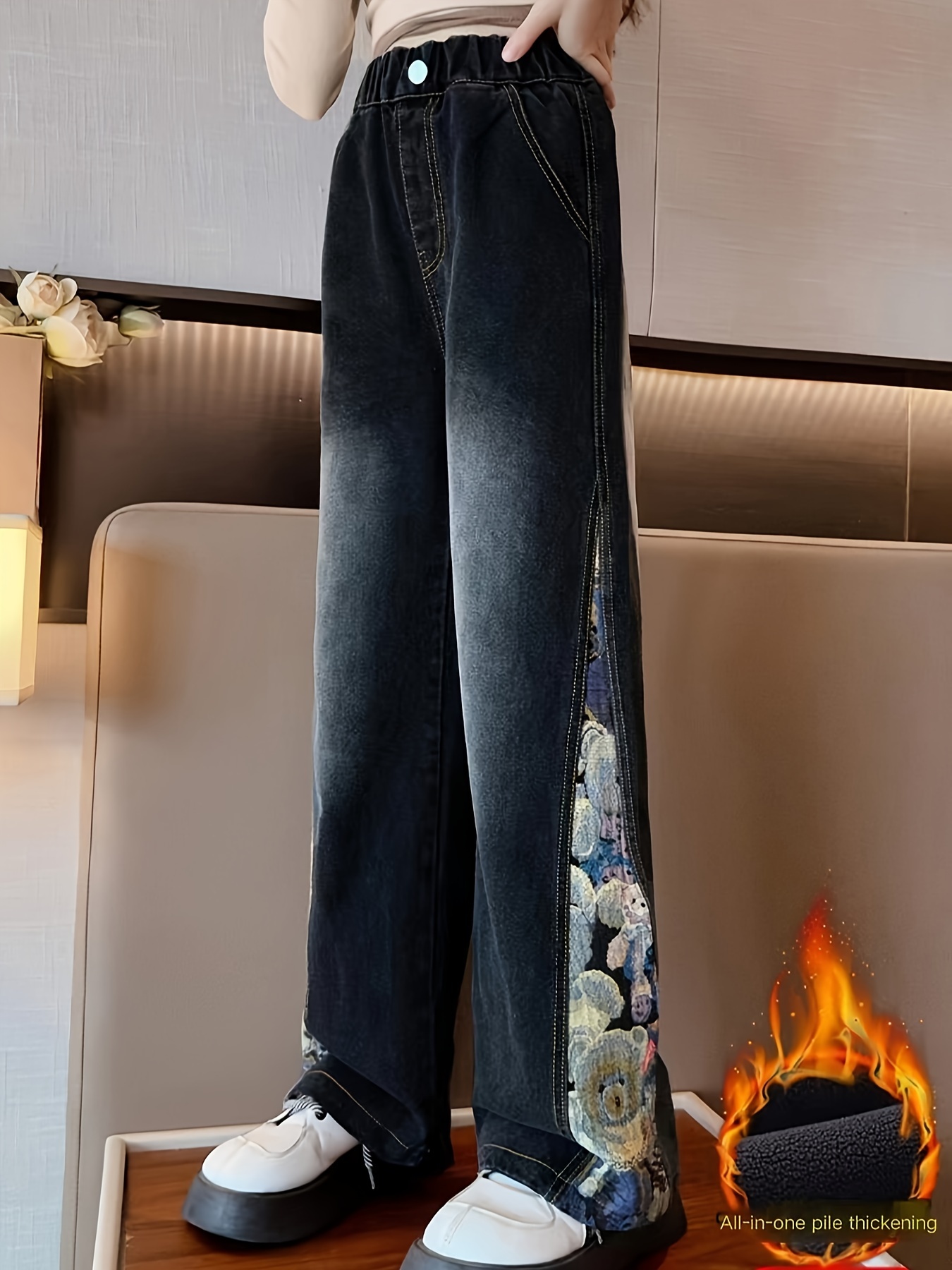 Girls Winter Embroidered Thick Fleece Denim Jeans - Temu Canada