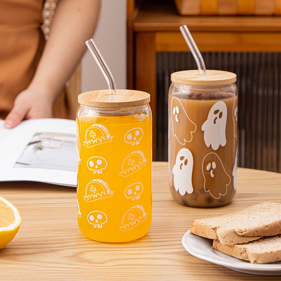 Umigy 8 Pcs 16oz Ice Coffee Cup with Bamboo Lids and Glass  Straw Christmas Iced Coffee Glasses Gingerbread Heart Pumpkins Ghost Glass  Cup Valentine's Day Halloween Fall Bar Accessories (Sweet)