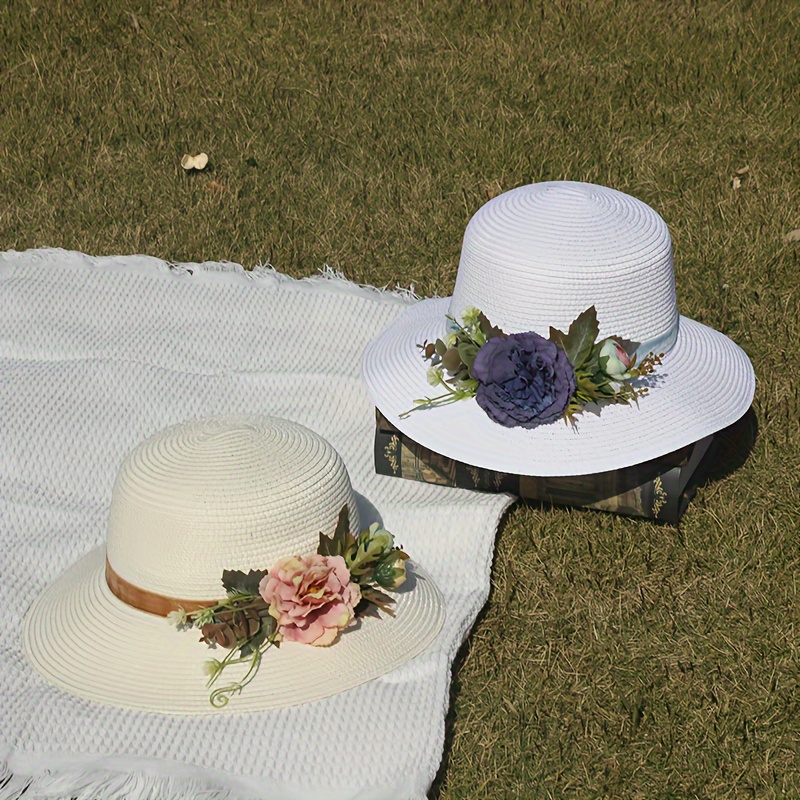 Simulation Flower Decor Sun Hats Elegant Wide Brim Straw - Temu