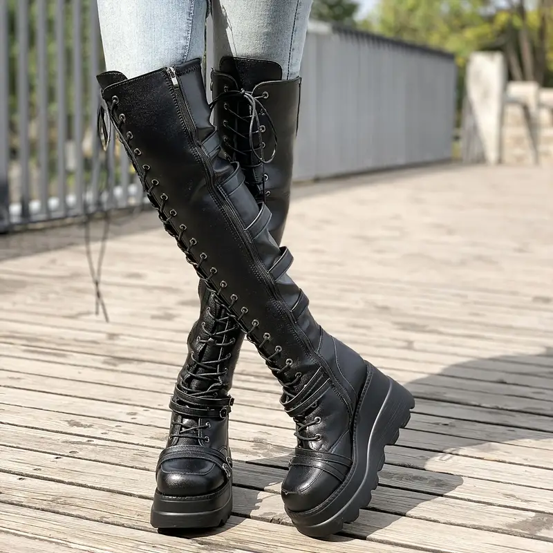 Women's Knee High Lace Up Chunky Boots, Platform Round Toe Wedge Heeled ...