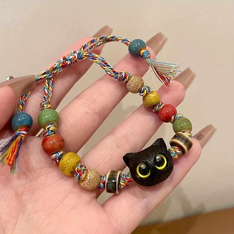 

1pc Cute Big-eye Black Cat Charm Beaded Bracelet, Colorful Beads, Holiday Gift For Girls