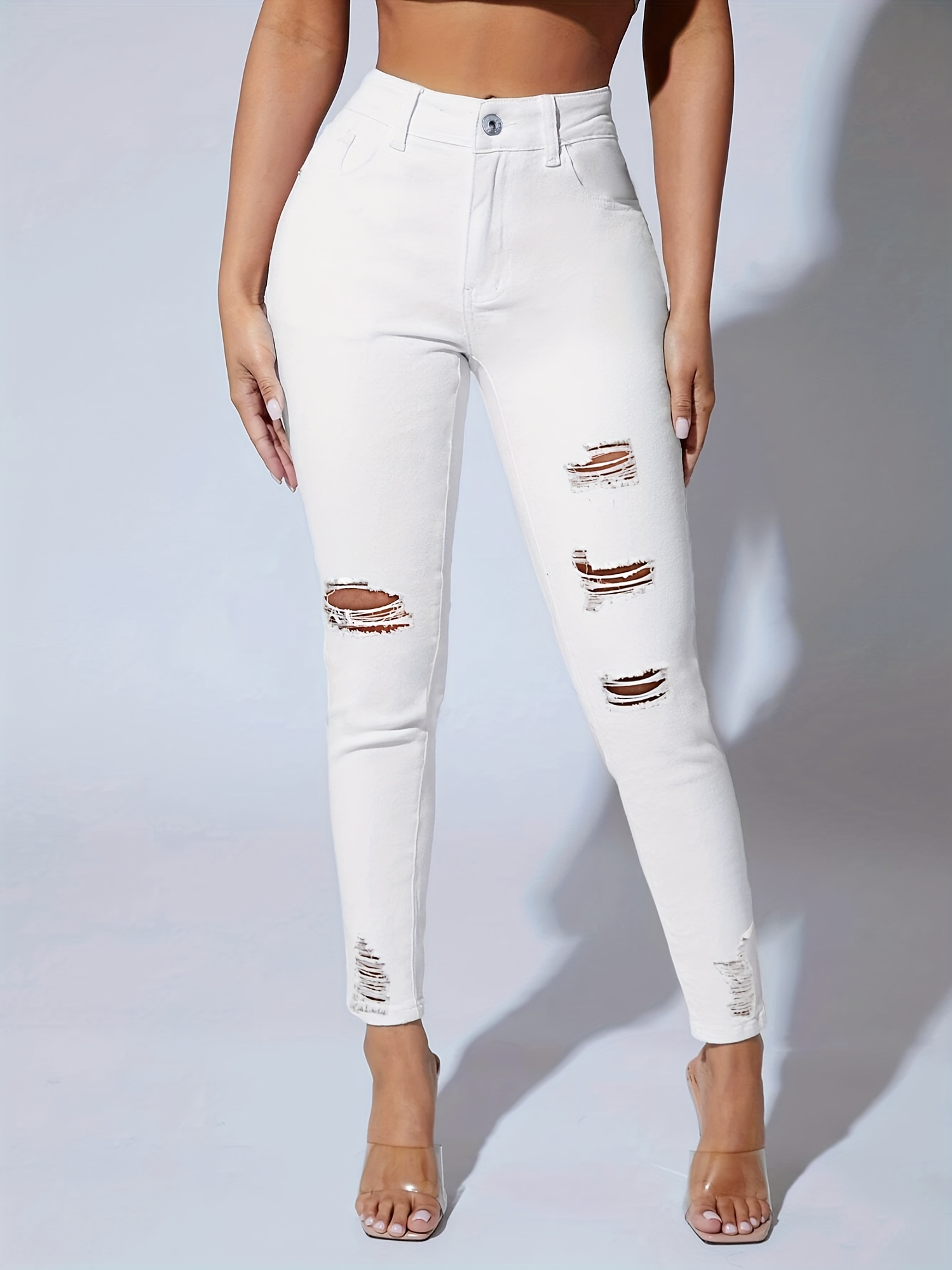 Ripped White Skinny Cropped Jeans Solid Color High Stretch - Temu