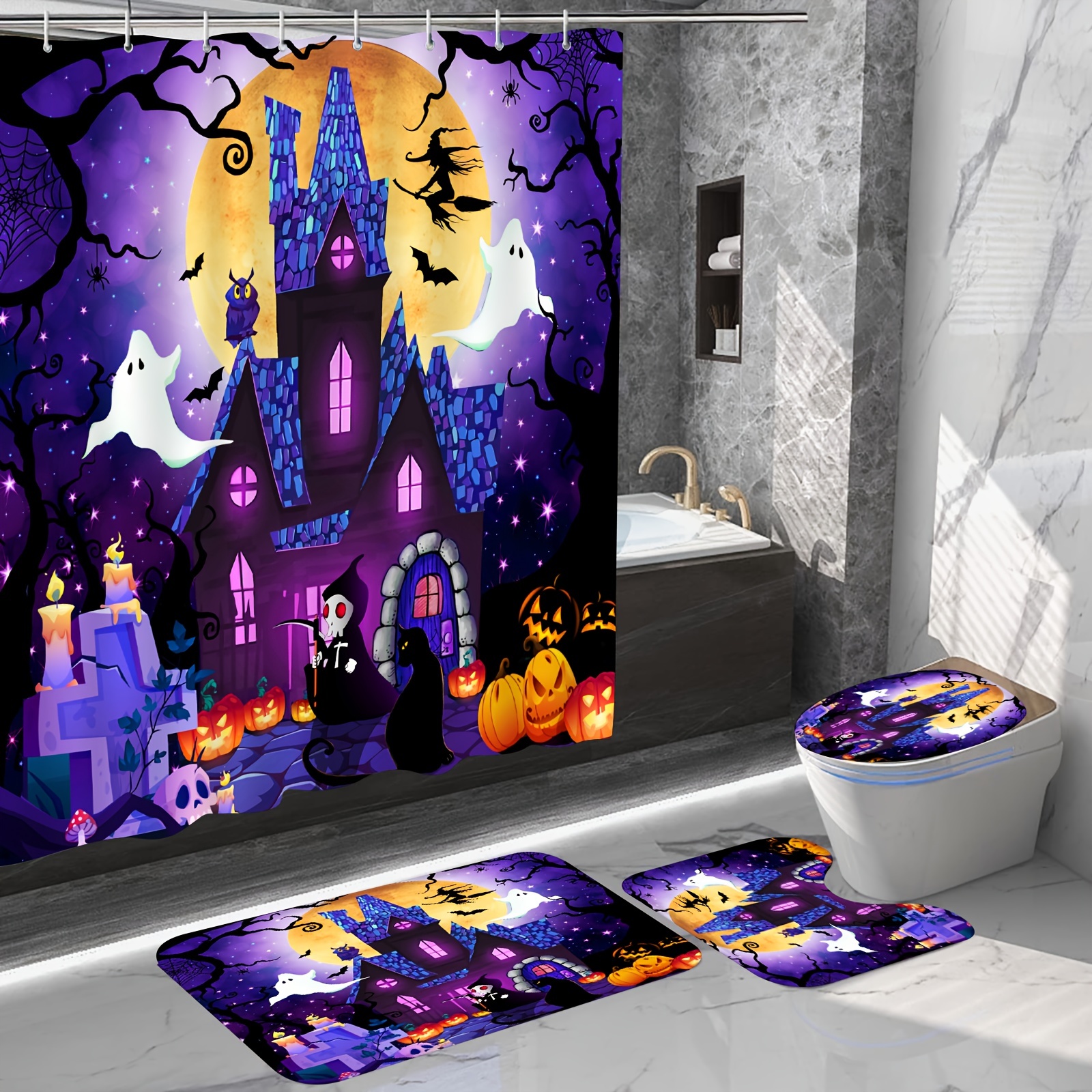 Purple Snowman Shower Curtain Set Decorative Bathroom - Temu