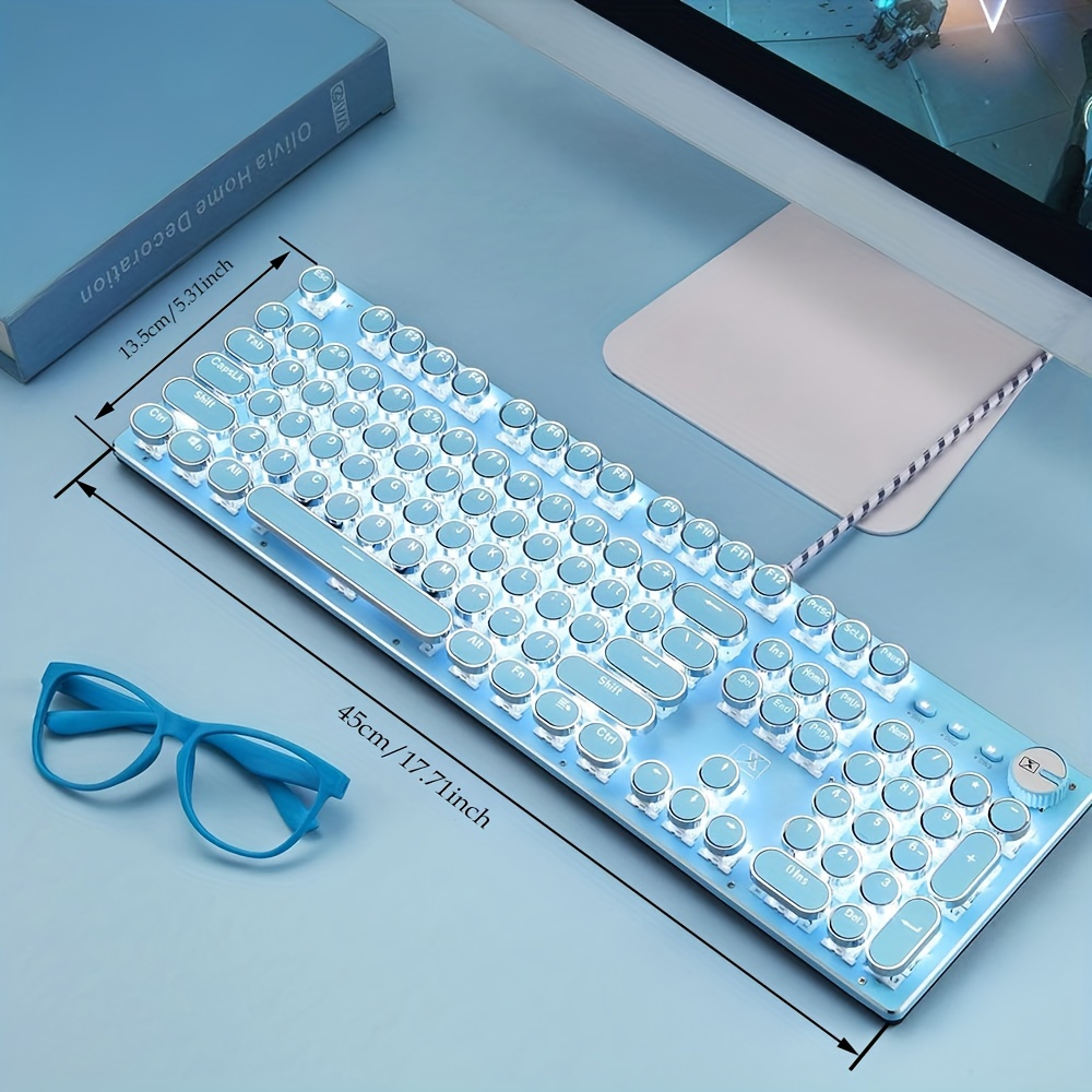 Teclado mecánico para juegos estilo máquina de escribir, retroiluminación  RGB con cable con interruptor azul, teclado redondo retro de 104 teclas