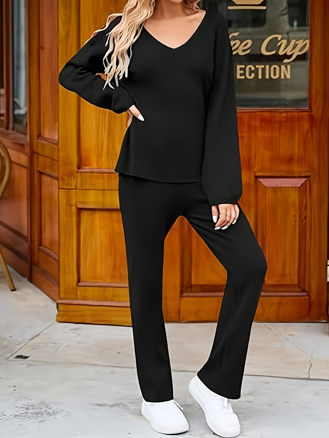 Casual Solid Two piece Set Long Sleeve V Neck Top Pants - Temu New Zealand