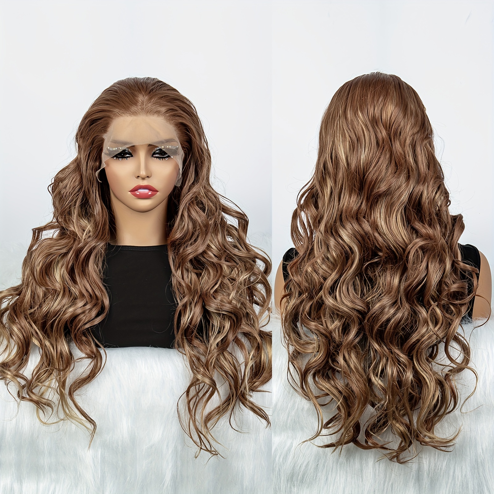 Brown Long Body Wave Lace Wigs Ombre Brown Synthetic Wigs - Temu