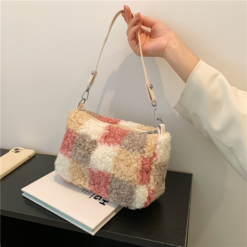 Fall/winter Coarse Plaid Woolen Casual Women's Bucket Bag Crossbody Chain  Bag With Color Blocking Design