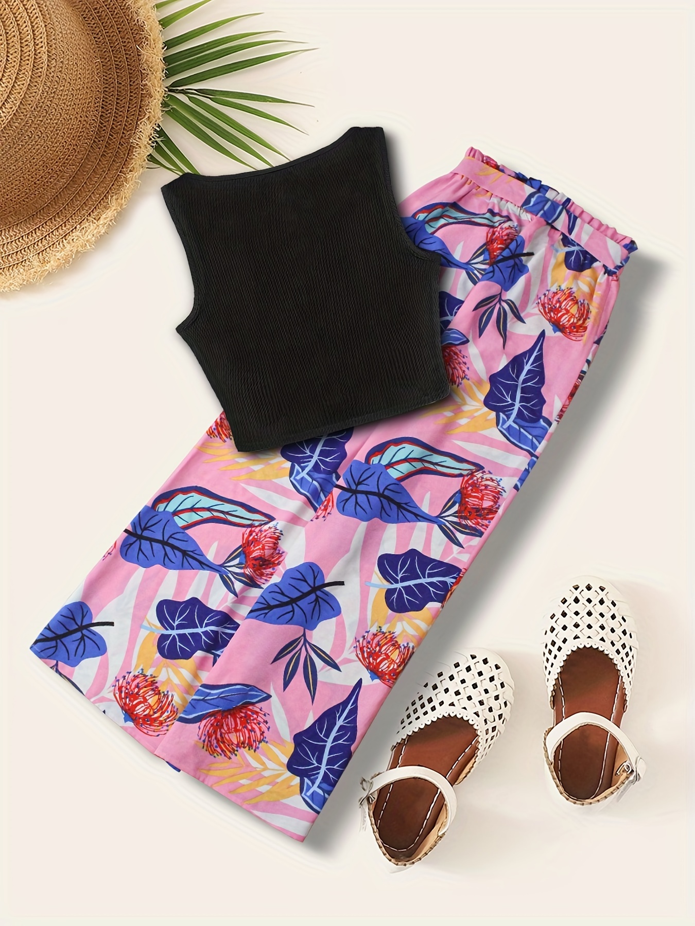 Boho Tank Top & Tropical Print Wide Leg Pants Set