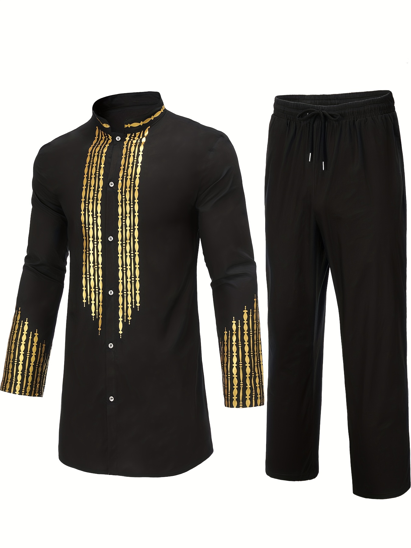 Solid Cotton Men's African Long Sleeve Gold Print - Temu