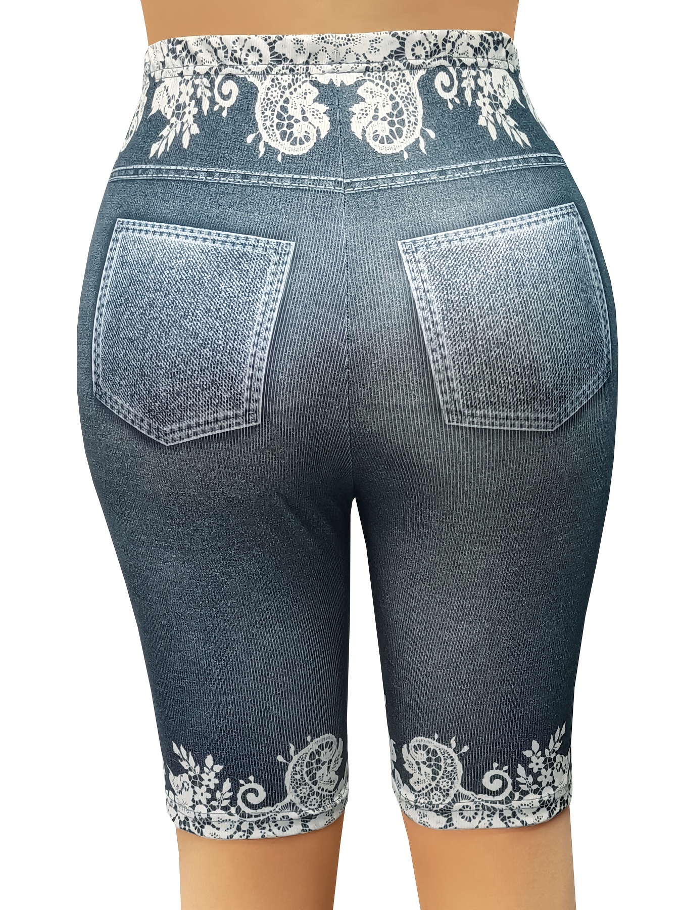 Women Ladies Fashion Shorts 3D Lace Ripped Denim Print Plus Size Short  Leggings Skinny Jean Print Capri Leggings