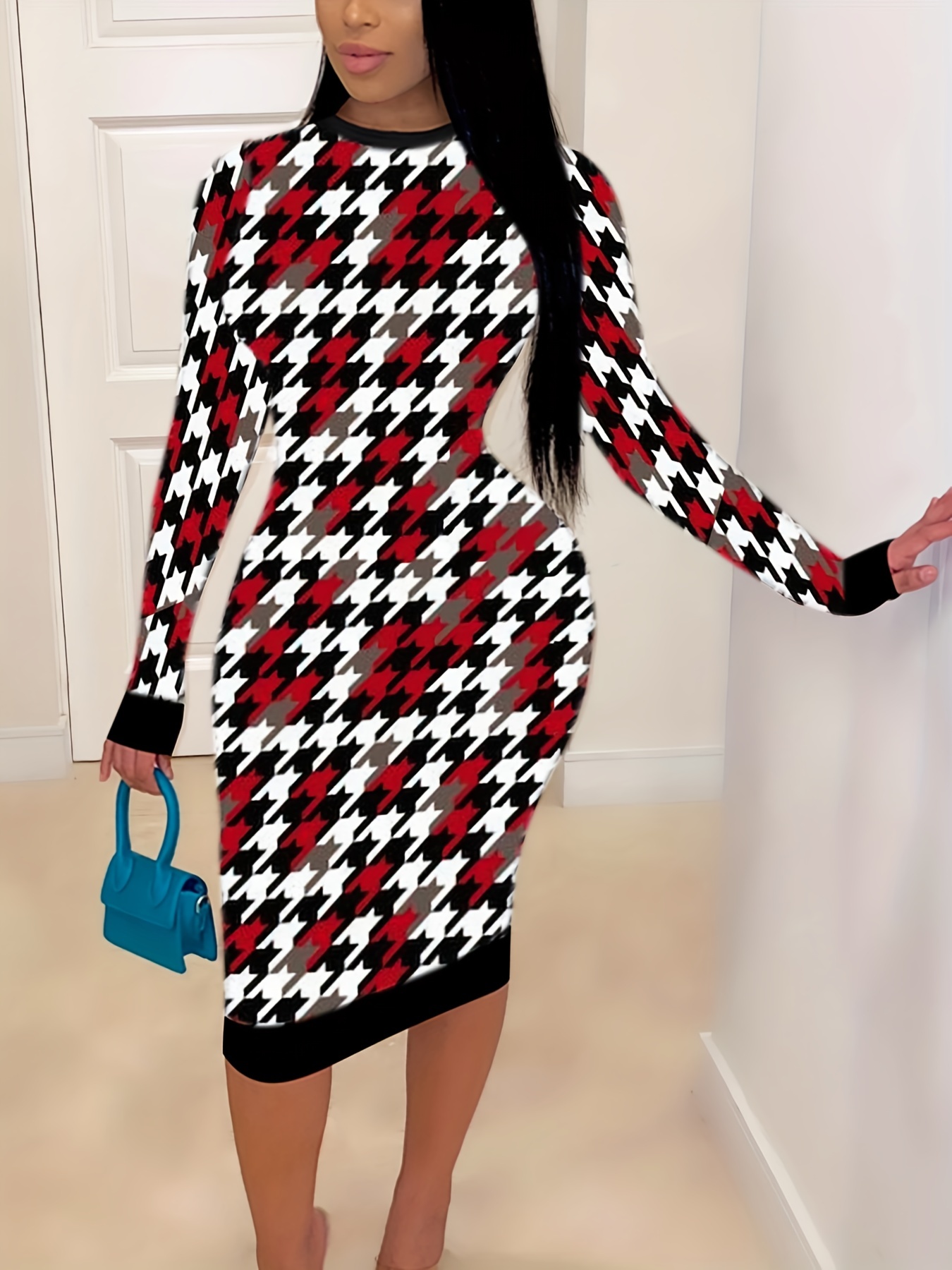 Houndstooth Print Long Sleeve Bodycon Dress