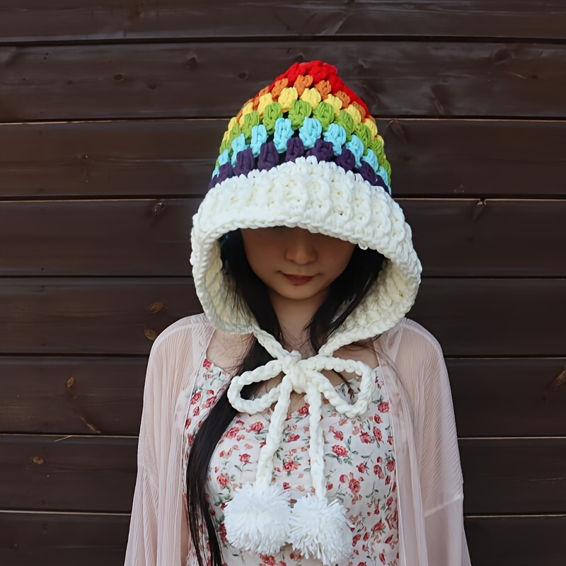 Rainbow Striped Oversized Ear Flap Hat Thick Warm Beanies Pom Pom Pendant Skull Classic Elf Hat for Women Girls Autumn & Winter,Temu