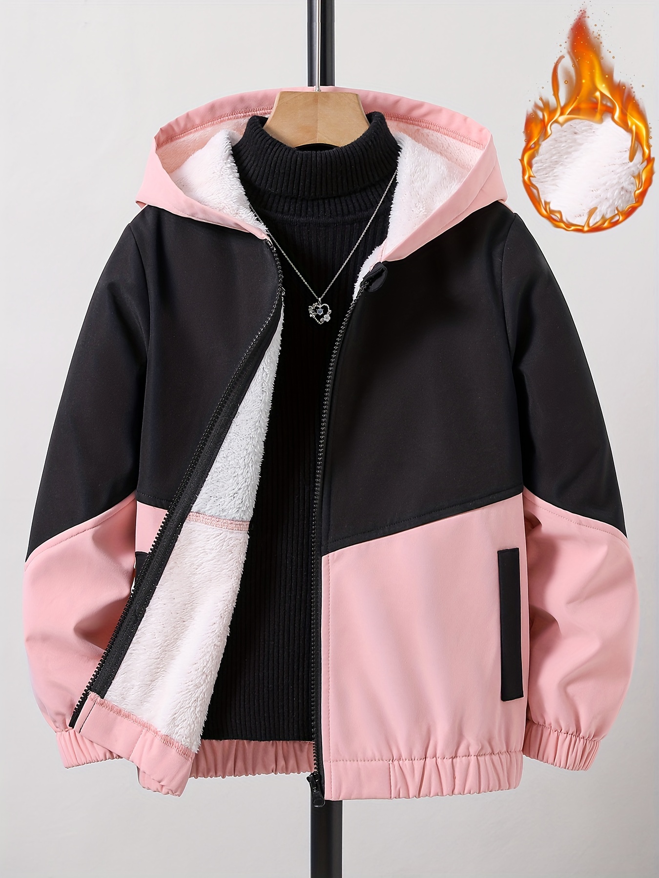 Girls Chevron Color Block Hooded Fleece Lined Windbreaker - Temu