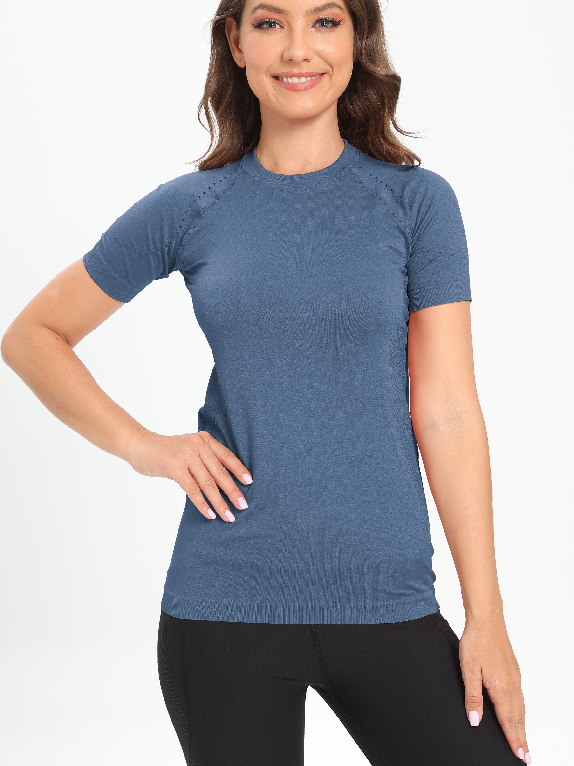 Women Sports Yoga Shirts Short Sleeve Seamless Breathable Quick Dry T-Shirt  Top