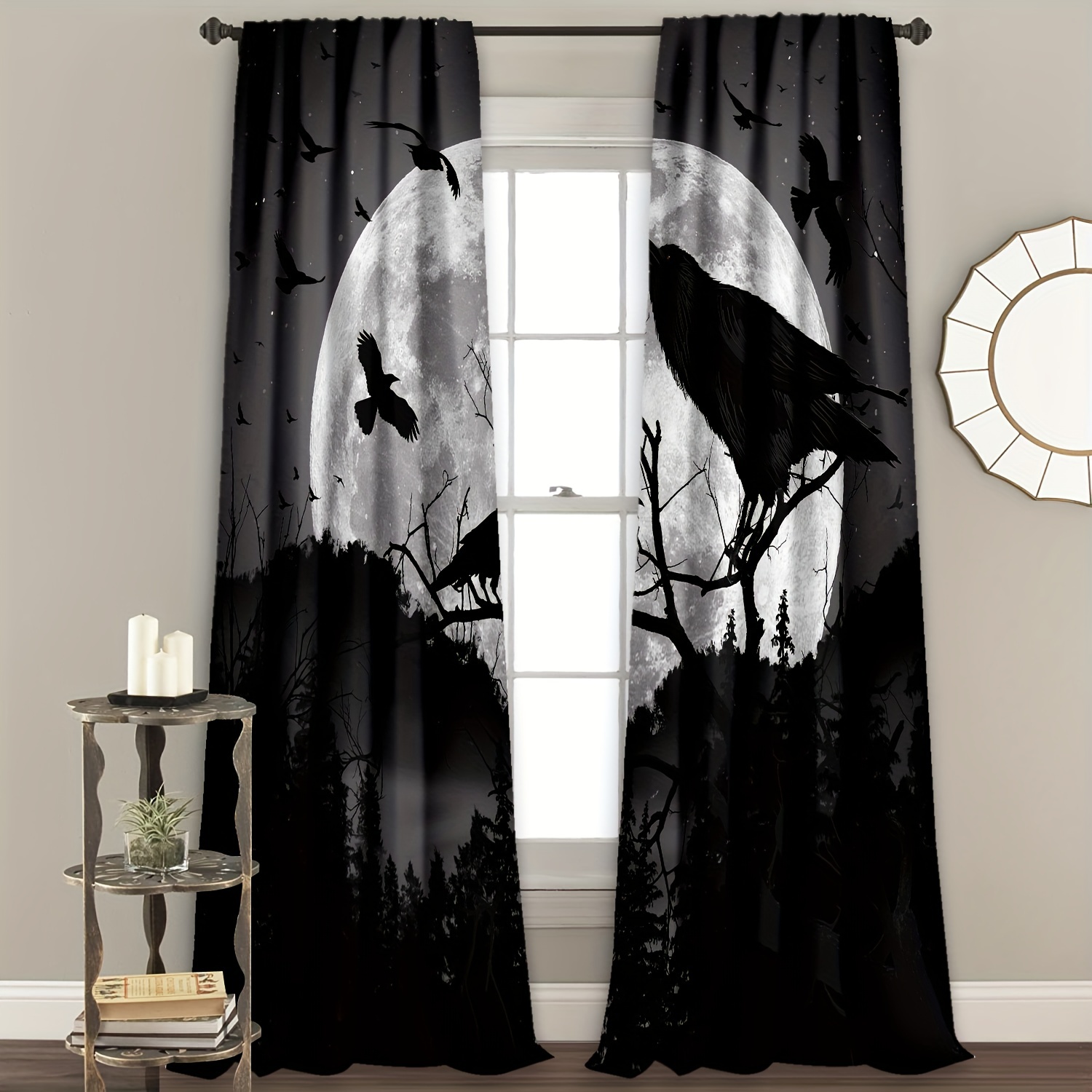 2 Panels Moon Crow Printed Curtains Rod Pocket Window Curtains