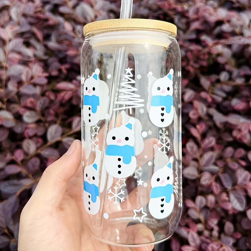 1pc, Christmas Snowman Drinking Glass With Lid And Straw, 500ml/16.9oz Can  Shaped Water Cup, Blue Snowflake Iced Coffee Cup, For Beer, Juice, Milk, Bi