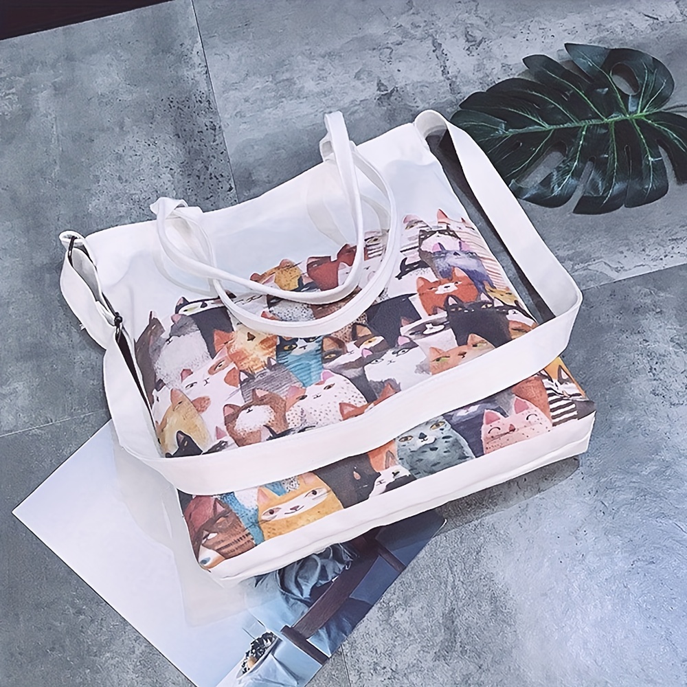 Cartoon Cats Pattern Canvas Shoulder Bag, Large Capacity School Bag
