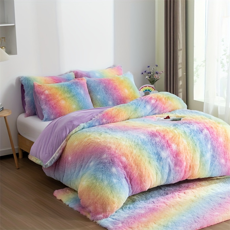 3pcs plush colorful rainbow duvet cover set 1 duvet cover 2 pillowcase without core polyester bedding set soft comfortable duvet cover for bedroom guest room