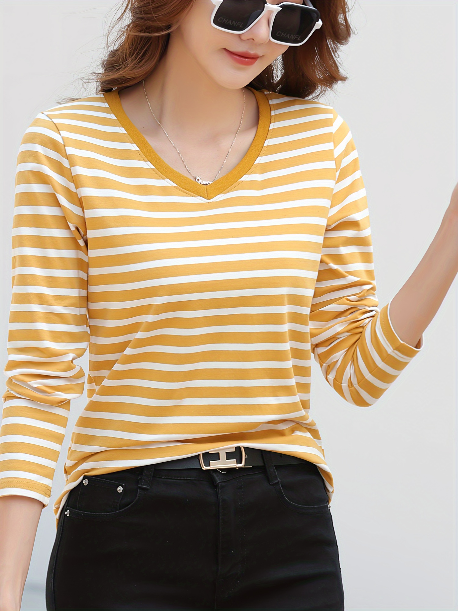 striped long sleeve t shirt v neck casual top for spring fall womens clothing yellow 0