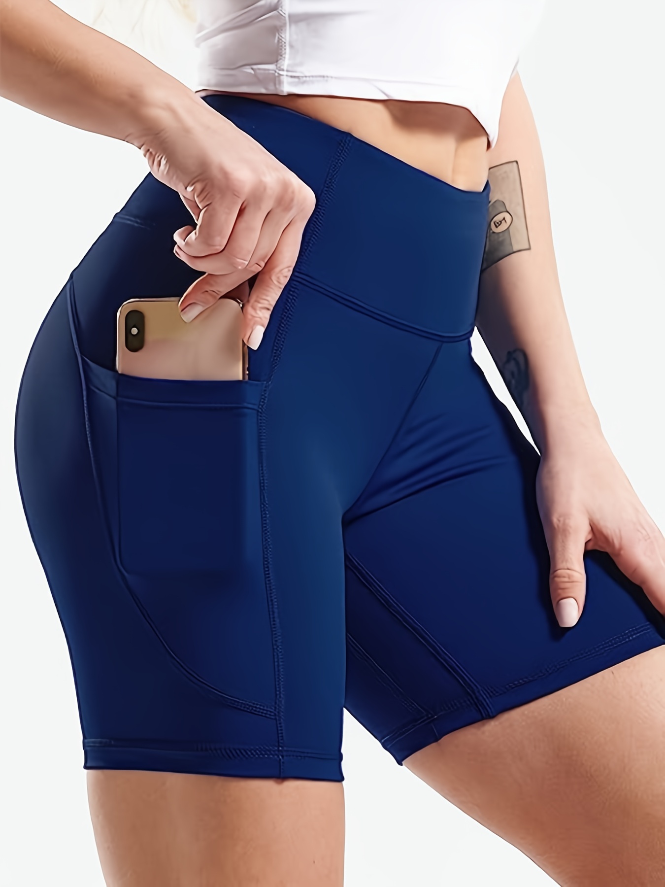 Solid Side Pocket Yoga Sports Shorts High Stretch Slimming - Temu