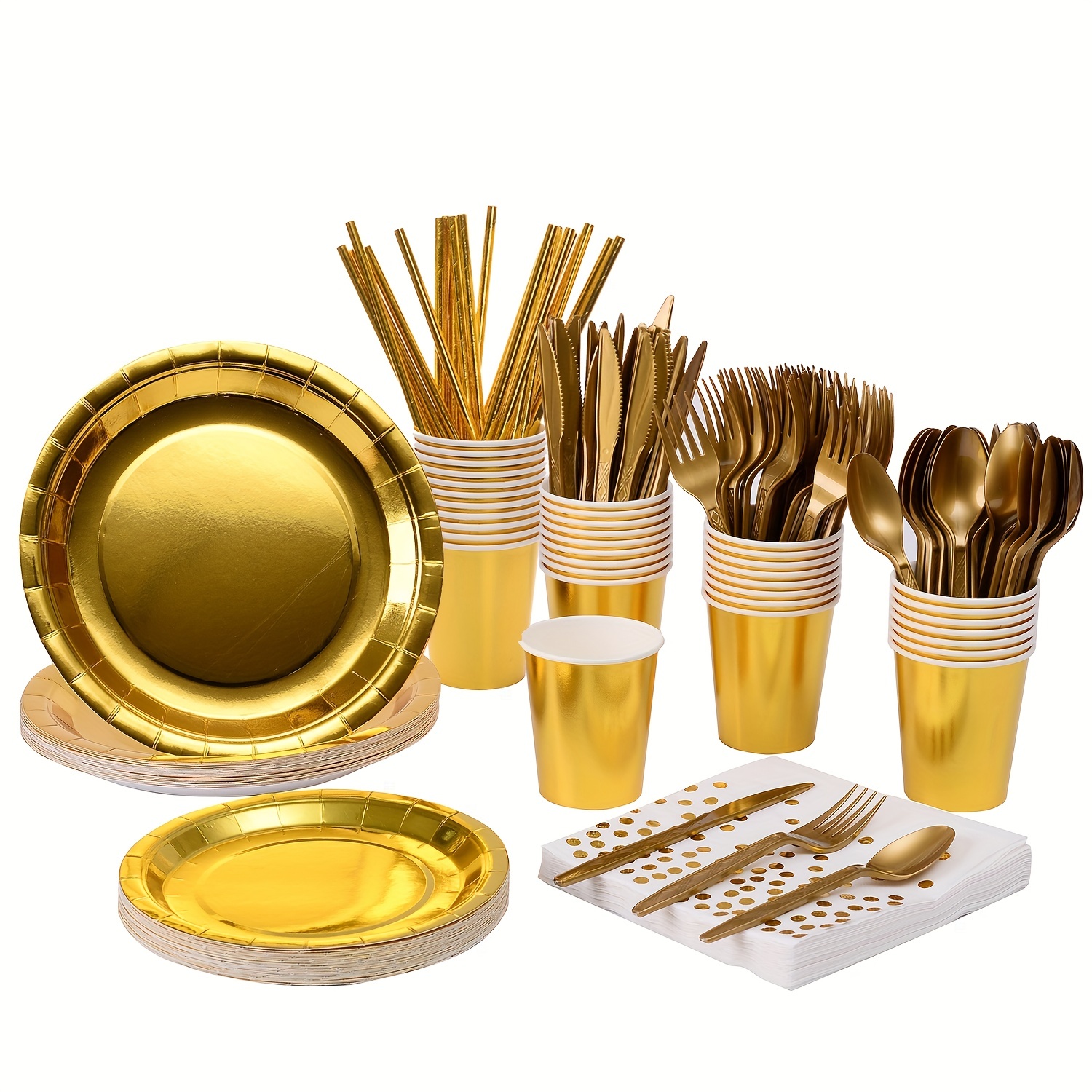 Suministros de fiesta blancos y dorados, juego de vajilla desechable de 350  piezas con platos de papel, platos de postre, servilletas, vasos