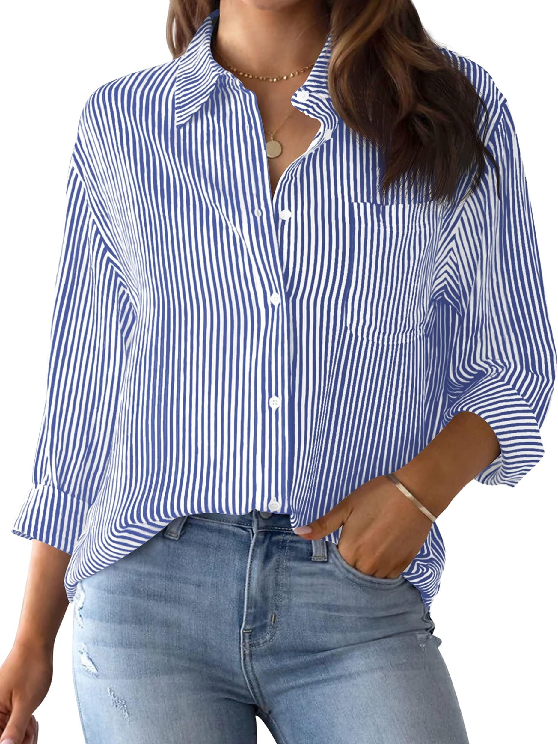 Striped Print Simple Tunics Casual Button Front Short Sleeve - Temu