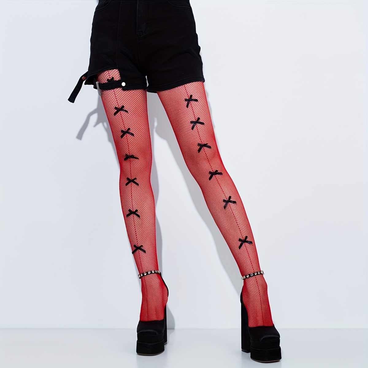 Bow Decor Red Fishnet Tights Hollow Out High Waist Mesh - Temu