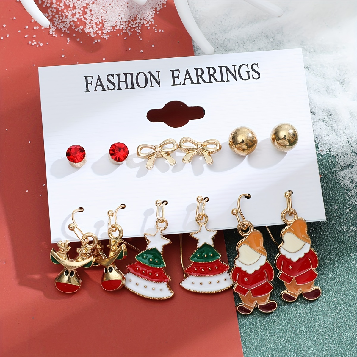 Christmas Enamel Stud Earrings & Dangle Earrings With Cane Snowman