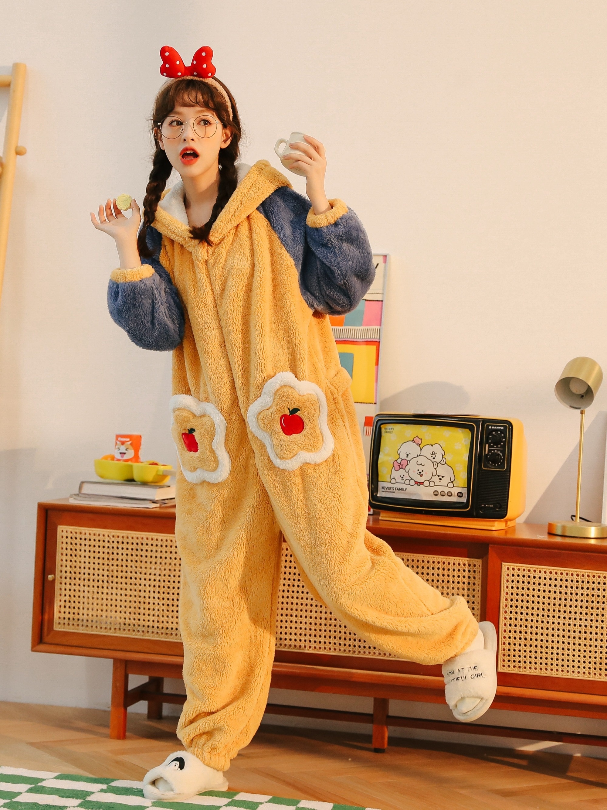 Cartoon Pattern Fuzzy Pajama Jumpsuit For Music Festival, Colorblock Long  Sleeve Hooded Pajamas, Women's Lingerie & Sleepwear