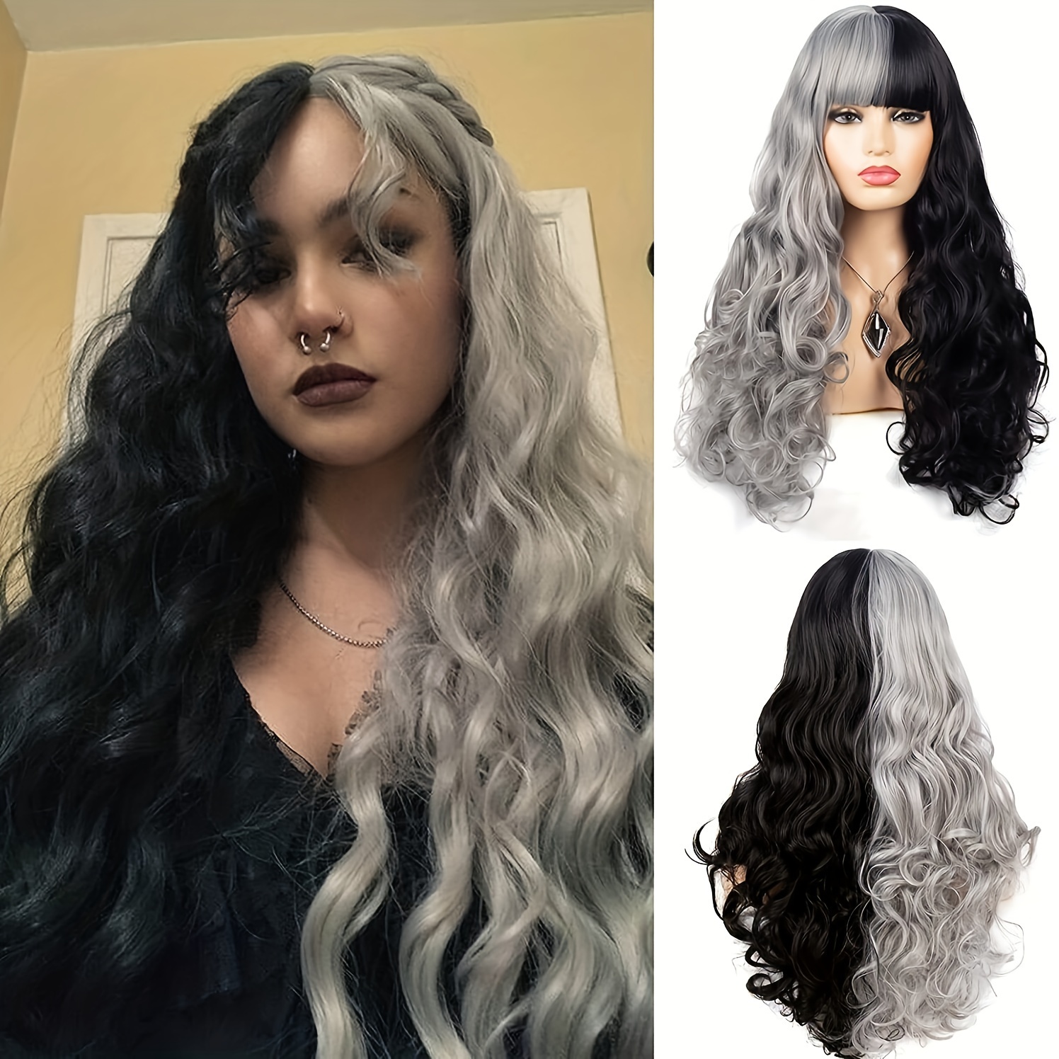 Half Black Half White Wig Long Curly Hair Wavy Synthetic Temu