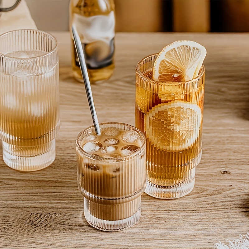1pcs,13oz Vertical Stripe Glass Cup,Iced Coffee Cup with Lid and Straw, Ribbed Glassware,Drinking Glass,Vintage Glassware Cocktail Glasses for  Cocktail,Beer,Juice,Milk,Decor,Gift 